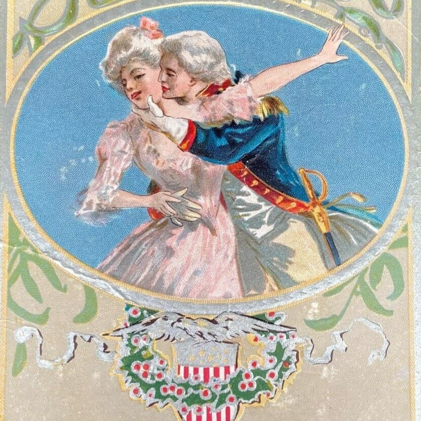 Postcard CHRISTMAS Colonial Dress Couple Patriotic Shield Eagle Embossed c1910