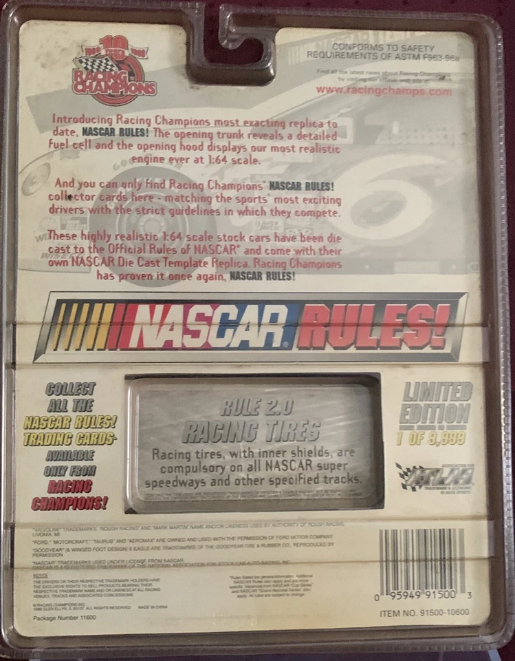 NASCAR RACING CHAMPIONS 1999 edición limitada #6 Mark Martin 1:64 coche fundido a presión - nuevo Foto 2 de 2