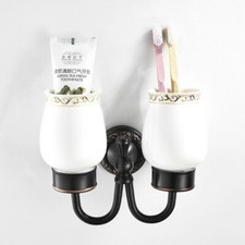 Oil Rubbed Bronze Bathroom Wall Mount Double Ceramic Cups Toothbrush Holders