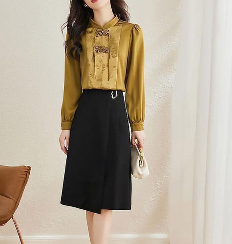Womens Chinese Faux Satin Jacquard Stand Collar Long Sleeves Shirt Tops Party - Picture 4 of 11