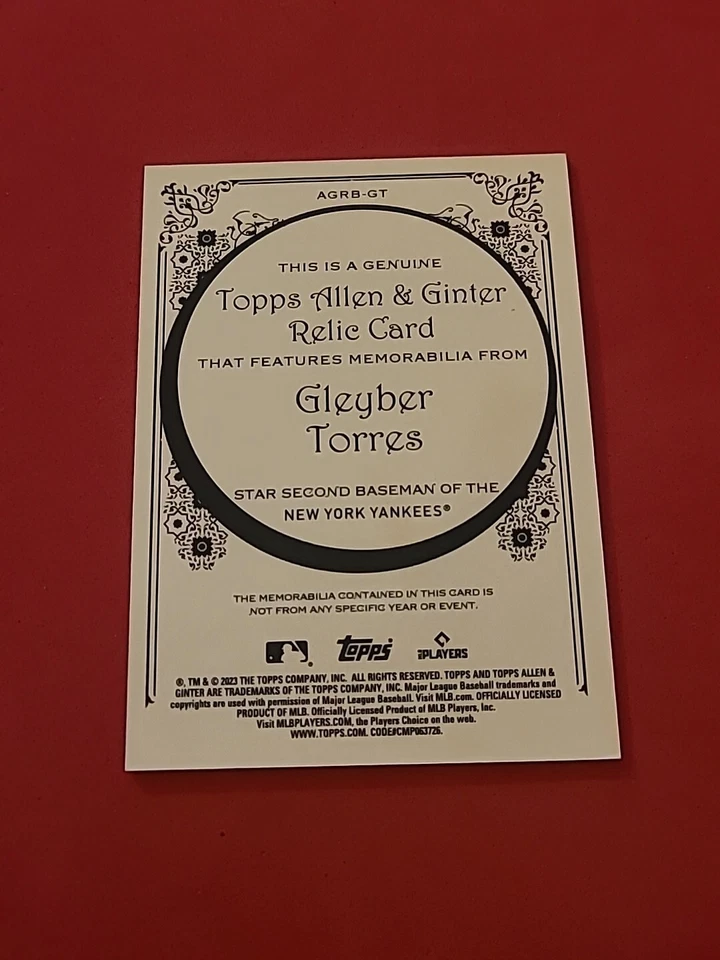 2023 Gleyber Torres Topps Allen & Ginter #AGRB-GT Patch Relic Memorabilia  - Image 2 of 2
