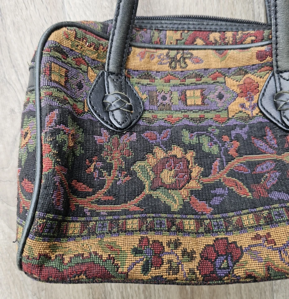 Vtg Liz Claiborne Tapestry Purse Leather Trim Brown Floral - Image 2 of 4