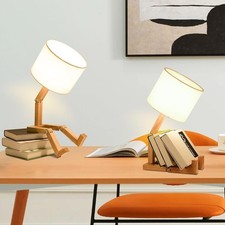 Cute Robot Table Lamp Set of 2, Adjustable Wood Desk Lamp for Bedroom Nightst...