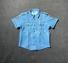 Mens Police Style Leather Shirt Genuine Lambskin Gay Pride Handmade Short Sleeve