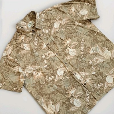 Island Shores Men's Hawaiian Shirt XXL Brown Beige Pineapple Floral Resortwear