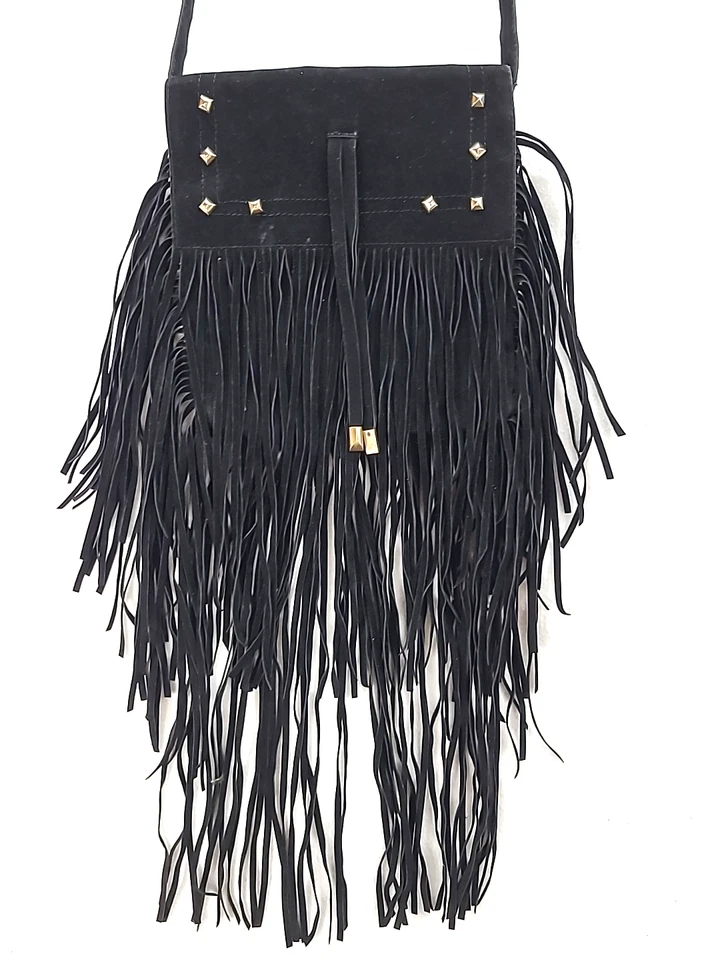 Black Fringe Crossbody Bag Long Fringe Studded Biker Rock and Roll Faux Suede - Image 2 of 4