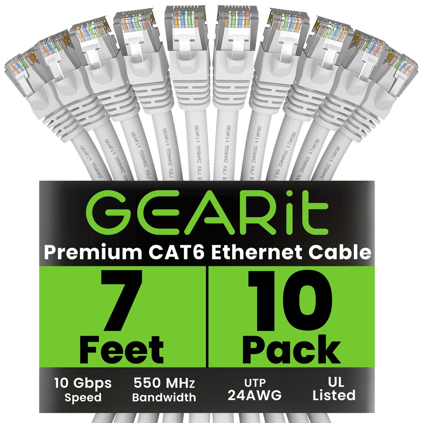 Cat 6 Ethernet Cable (10-Pack 7 Feet) Cat6 Network Patch, 10Gbps, RJ45, Snagl...
