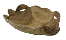 Scratch & Dent Hand Carved Twin Sea Turtles Decorative Scallop Edge Wooden Bowl