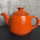 Vintage Frankoma Aztec Teapot 7T Ceramic Flame Orange Mayan Aztec Design