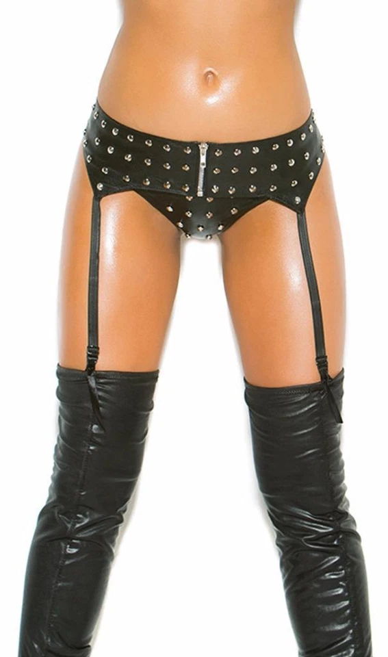 Studded Leather Garter Belt Zip Front Spiked Adjustable 4 Straps Lingerie L9776 - Image 4 of 4