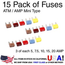 Automotive ATM APM Mini Fuses Assorted 15 pcs 5A 7.5A 10A 15A 20A Pack