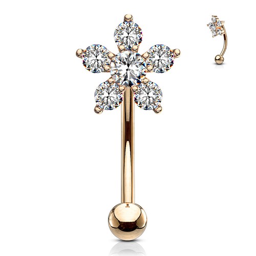 CZ Flower Surgical Steel Curve Barbell Eyebrow Ring Lip Rook Snug Piercing - Picture 7 of 7
