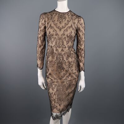 beige dress with black lace overlay DENNIS BASSO Size 4 Beige Black Lace Overlay Long Sleeve Cocktail Dress