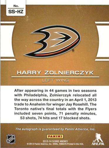 HARRY ZOLNIERCZYK 2013-14 Score AUTO #SS-HZ Ducks - Picture 2 of 2