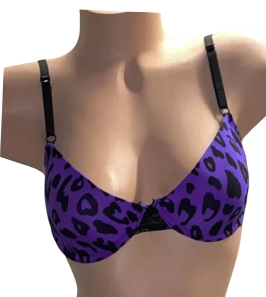Sujetador Fruit of The Loom púrpura y negro con ribete de encaje de guepardo para mujer 36C Nuevo de Lote Antiguo Foto 4 de 4
