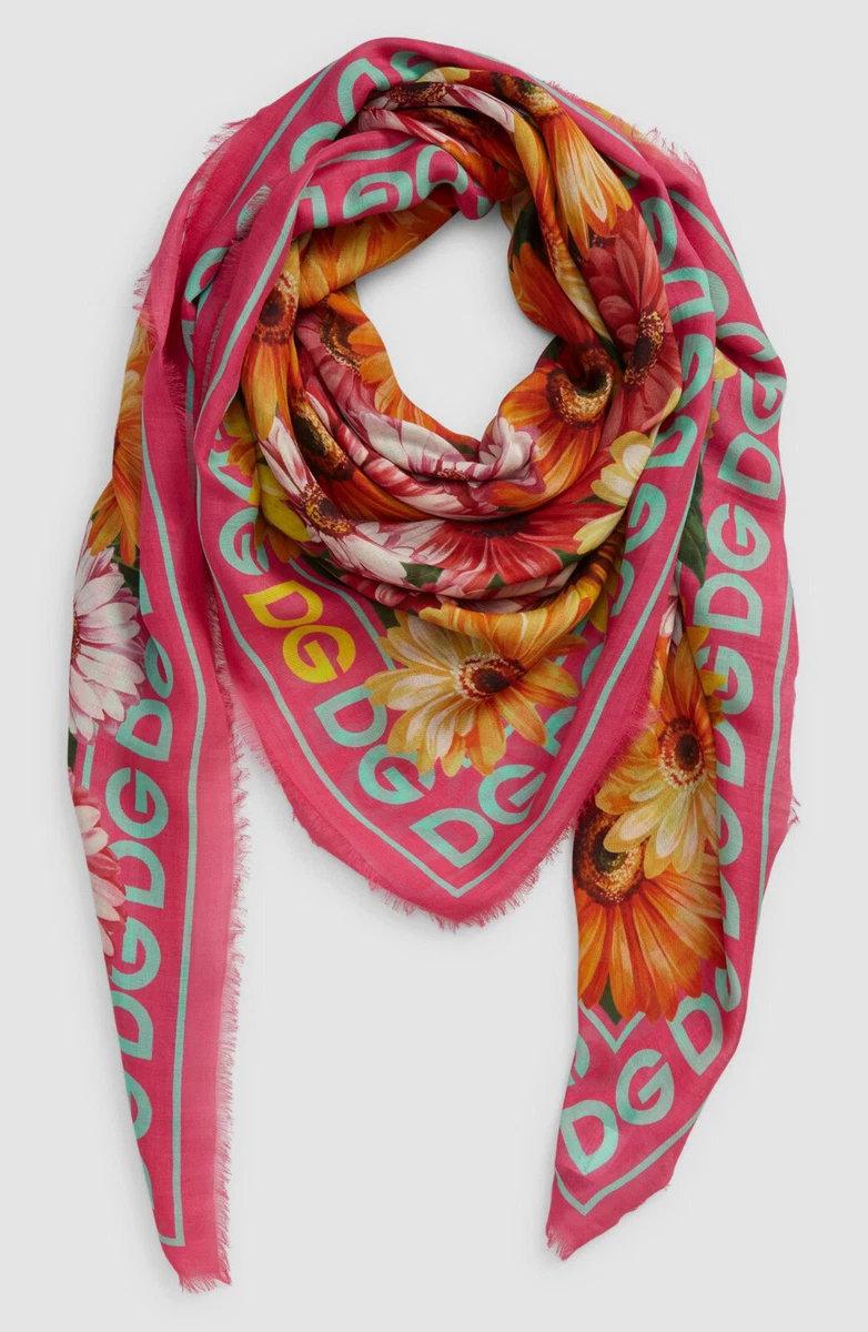$485 Dolce & Gabbana Women Pink Gerbera Daisy Print Cashmere Fringe Shawl Scarf