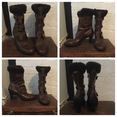 WOMENS BOOTS SIZE 8 BROWN LEATHER DESIGNER RALPH LAUREN FUR TRIM WORN ON FILM
