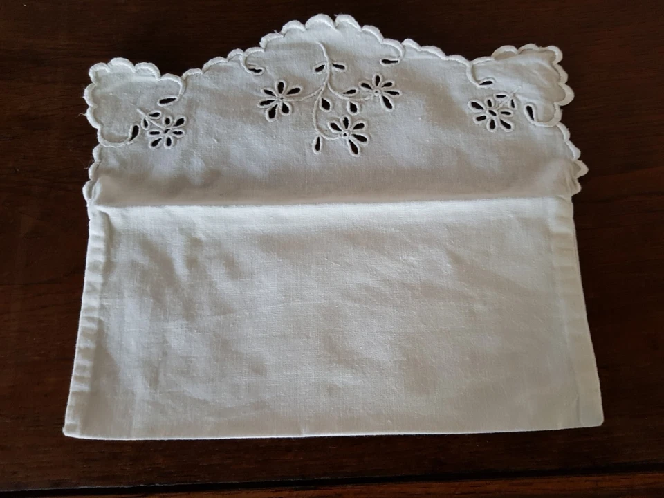 POCHETTE PORTE SERVIETTE DE TABLE COTON BLANC BRODE MAIN Linge ancien 25x10,5 cm - Photo 2/3