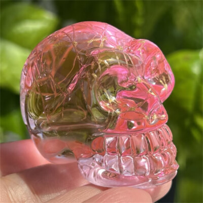 2'' titanium Pink aura smelting quartz skull crystal hand Carved Figurines 1pc