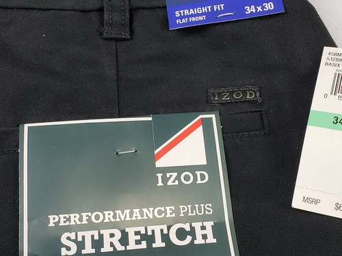 IZOD Mens 34x30 Black Sports Flex Chino Pants Straight Fit Flat Front New - Picture 3 of 9