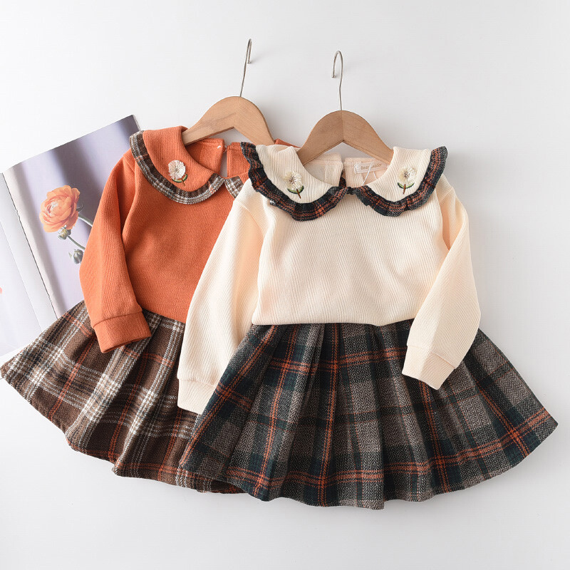Toddler Baby Girls Elegant Outfit Set LongLapel Neck Tops Plaid Pleated  Skirt