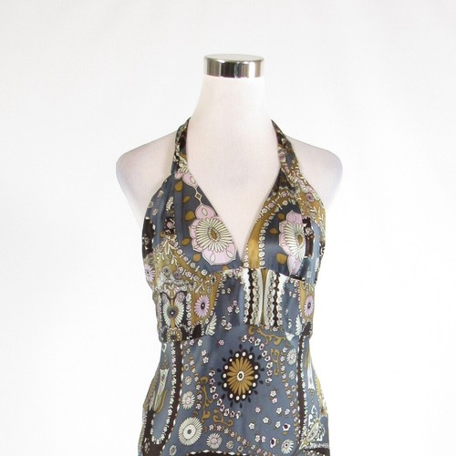 Gray khaki paisley 100% silk SWAUI halter neck sheath dress M - Picture 2 of 8