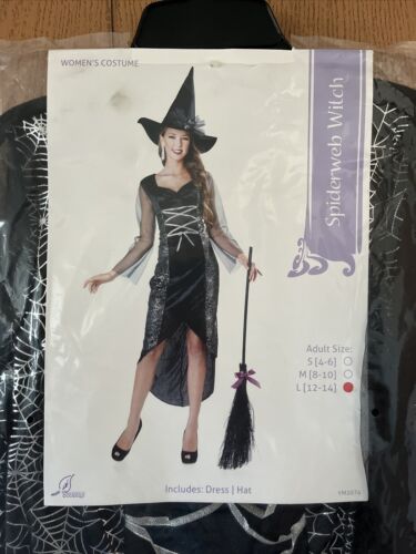 Adult Black Spiderweb Witch Dress Women's Halloween Costume Large New!