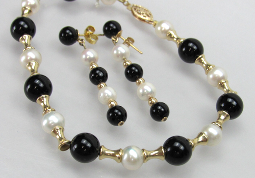 14k Gold Bead Pearl Onyx Bracelet & Dangle Earrings Matching Set PJS - Picture 2 of 17