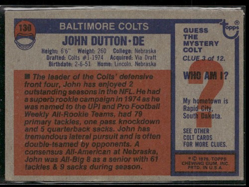 John Dutton 1976 Topps #130 Baltimore Colts Football Card - Picture 2 of 2