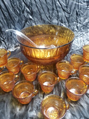 Vintage Tiara Indiana Glass Amber Sandwich Pattern Punch Bowl and 24 Cups Silver - Picture 3 of 12