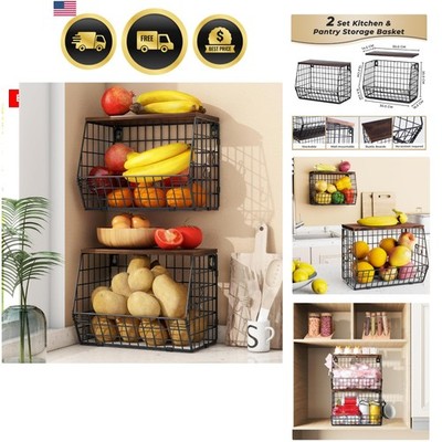 2pcs Fruit Basket Kitchen Storage Basket with Wood Lid, Stackable Wall Basket...