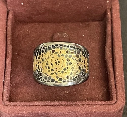 Vintage NEONERO Two-Tone 925 Italy 18 K Gold Etched Filigree Ring Retired