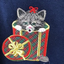 Morning Sun Christmas Cat Sweatshirt Womens M Blue Mock Neck Fleece Vintage