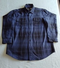 PLADRA XL FLANNEL SHIRT CUFF BEARS USED PLAID BLUE BLACK