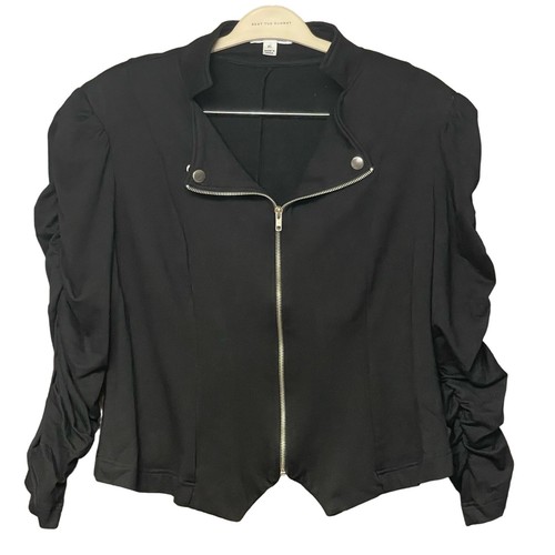 John Paul Richard black jacket moto ruched sleeves silver zip front size XL
