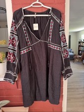 Free People All My Life Embroidered Black Long-Sleeve Peasant Mini Dress NWT
