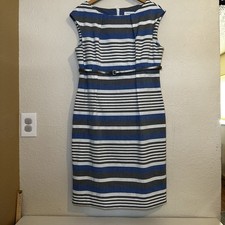Calvin Klein Womens 14 Blue Gray Striped Sheath Scuba Stretch Knee Length Formal