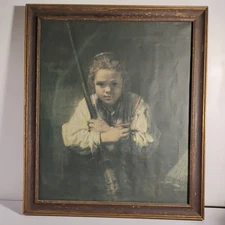 Vintage oil on canvas painting Girl with Broom reproduction after Rembrandt 