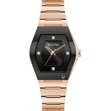 Bulova Women's Watch Gemini Quartz Black Dial Rose Gold Bracelet Diamond 97P158