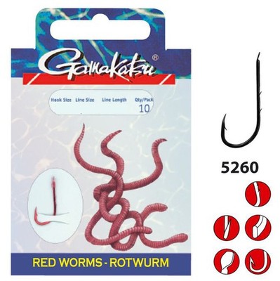 Gamakatsu Booklet Red Worm 5260R | 75cm Vorfach gebundene Haken Rot Wurm Rotwurm