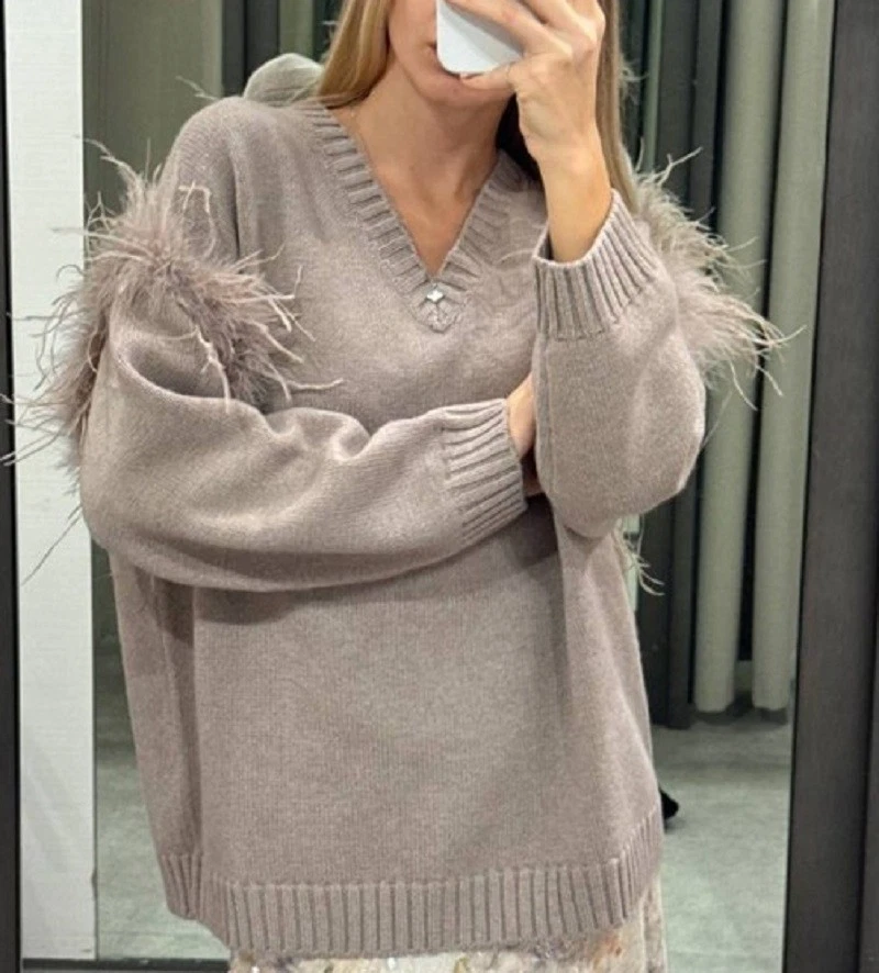 Zara Mink 100% Wool Chunky Knit Oversized V-neck Feather Trim Sweater Jumper NEW