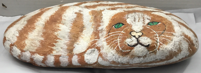 Pet Rock Orange Striped Cat Art Hand Painted Garden Stone Doorstop
