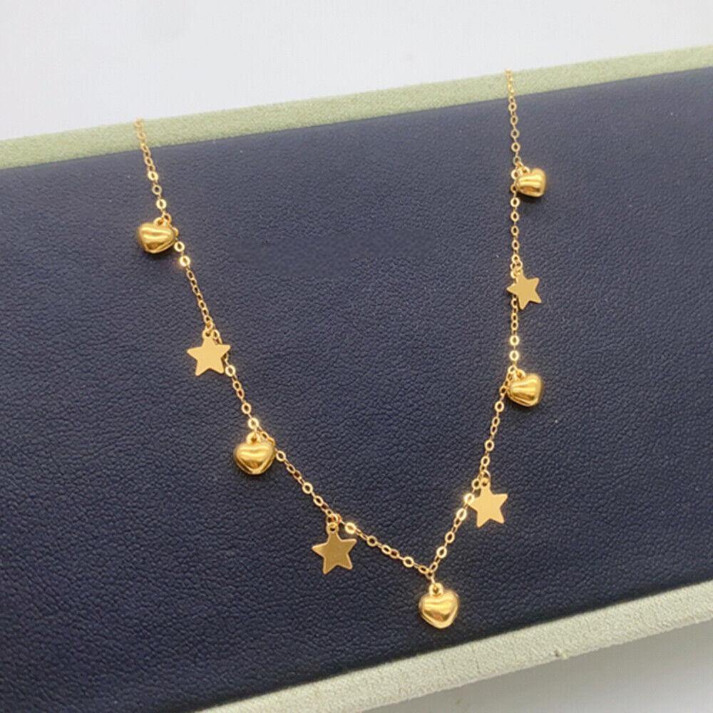 Pure Au750 18K Yellow Gold Chain Thin Heart Star Link Necklace 1.3
