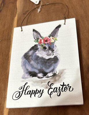  Happy Easter  Wood Sign 5.5  Farmhouse Ornament Bunny Rabbit Floral Shabby NEW