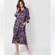 Le Chat Shirt Style Midi Length Button Front Viscose Purple Print Dress Size 4