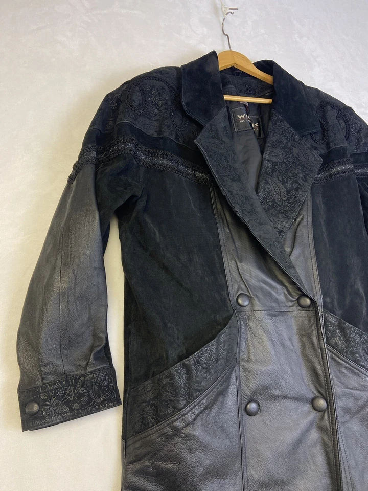 Chaqueta gabardina de cuero negra vintage Wilson cuello cachemir forrada aislada Foto 2 de 4