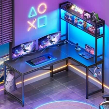 L Shaped Computer Desk with Hutch and LED Lights, Reversible Home Office Desk