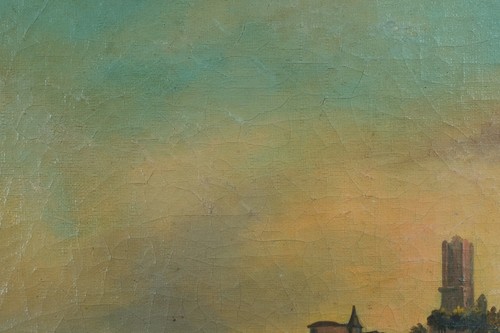 Tableau ancien paysage animé vue D'Albi promeneur sur les bords du Tarn 19 ème - Foto 9 di 11