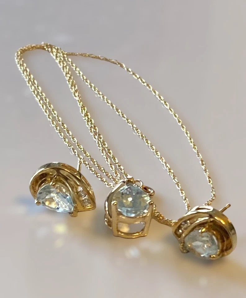 BEAUTIFUL 10k Gold Pear Cut Aquamarine Diamond Pendant Necklace Earrings Set! - Image 4 of 4