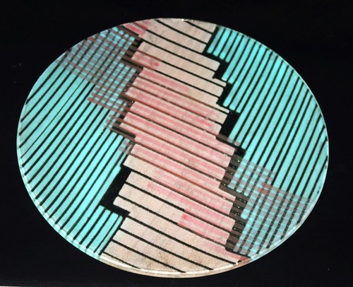 Art Glass, Signed Fused Pink & Aqua Lines, MCM Geometric Décor Platter, 13 7/8" - Picture 2 of 6